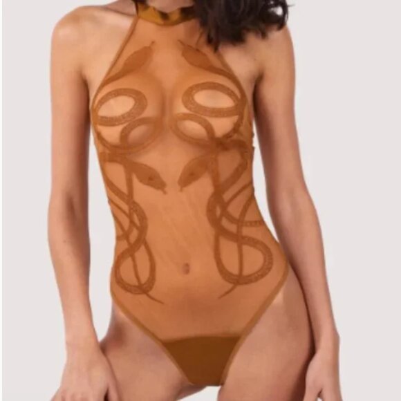 Thistle and Spire RARE LIQUID GOLD MEDUSA bodysuit sheer front snake embroidery - Picture 7 of 8